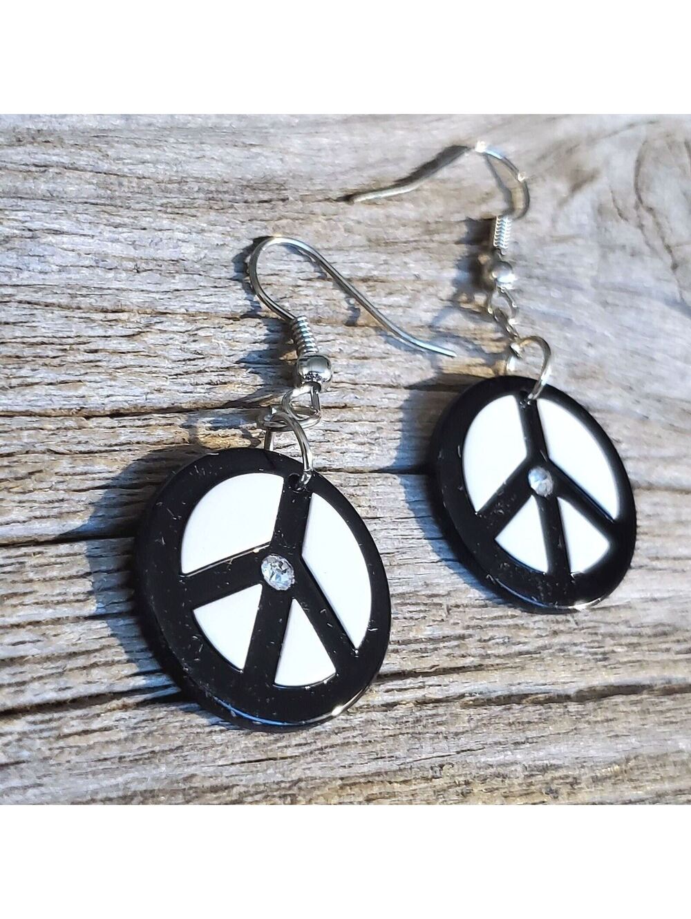 Vintage Y2K White Black Lucite Austrian Crystal Round Peace Sign Earrings - Picture 3 of 9